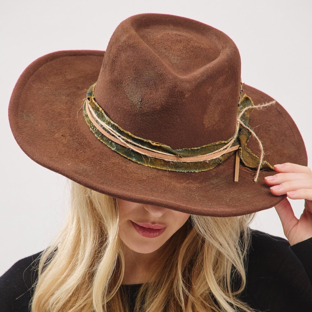 Brown Vintage Inspired Distressed Fabric Band Rustic Western Fedora Hat - Picture 2 of 4